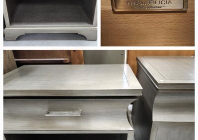 Wooden nightstands with metal drawer handles.