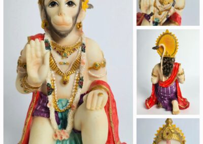 Hanuman statue in various detailed views.