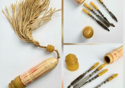 Vintage grooming set with tassel and tools.