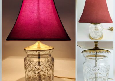 Crystal lamp with red lampshade, three angles.