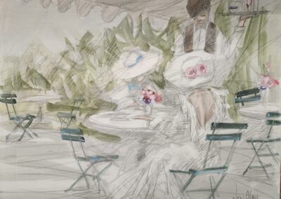 Elegant outdoor café scene with seated figures.