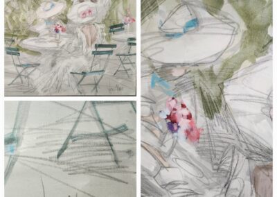 Abstract outdoor cafe scene with floral accents.