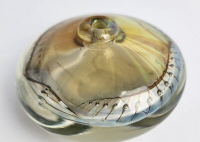 Glass paperweight with colorful swirl design.