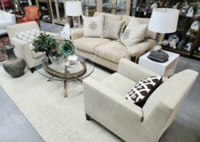Modern living room furniture with beige sofa.