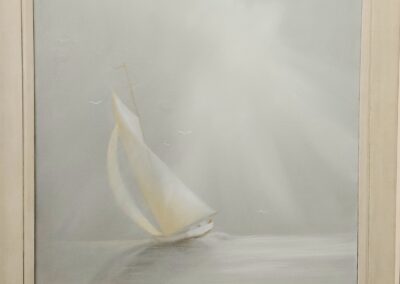 Sailboat painting with soft, light tones.