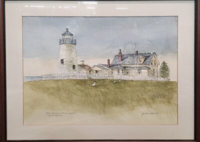 Painting of a lighthouse and house landscape.