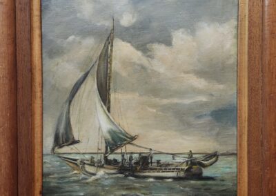 Sailboat on ocean with cloudy sky painting.
