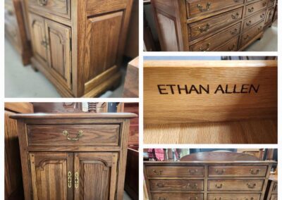 Ethan Allen wooden furniture pieces display.