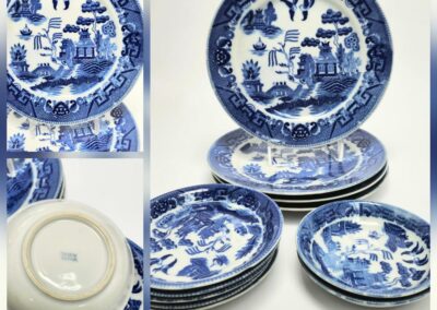 Blue and white ceramic plates with patterns.