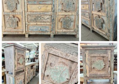 Rustic cabinet with carved turtle details.