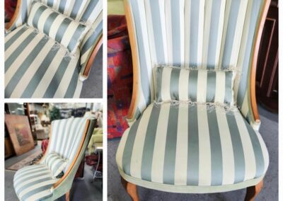 Striped vintage chair with wooden legs.