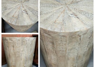 Round textured wooden table, three angles shown.