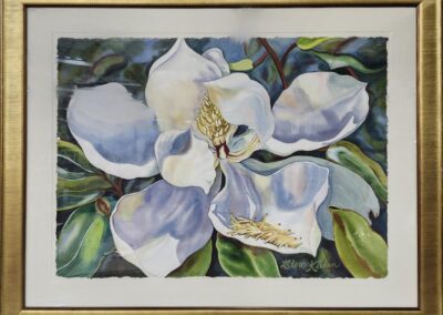 Painting of a white flower in frame.