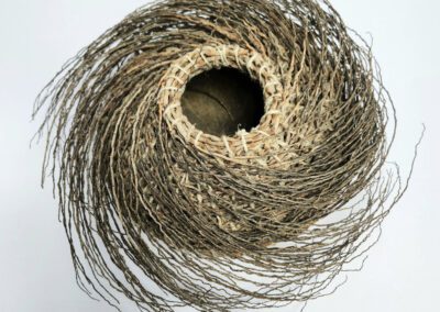 Woven spiral basket with intricate design.