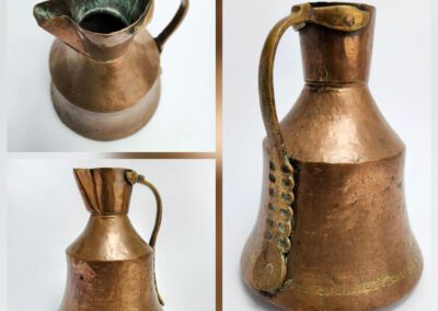 Bronze vintage jug with handle, three views.