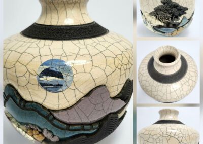 Cracked ceramic vase with landscape design.