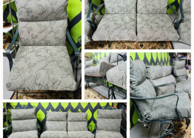Patio furniture with floral-patterned cushions collage.