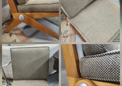 Modern beige chair with wooden frame details.