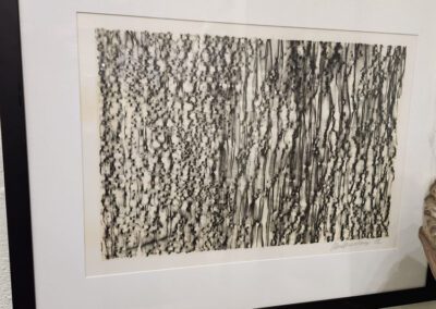Framed abstract black and white drawing.
