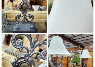 Ornate metal table lamps with white shades