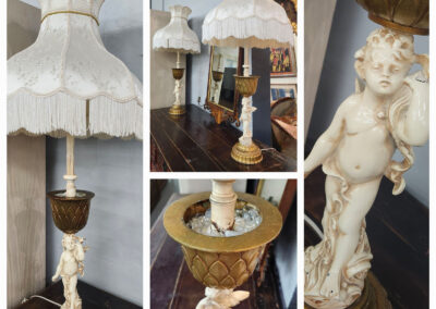Pair of antique cherub table lamps with fringe