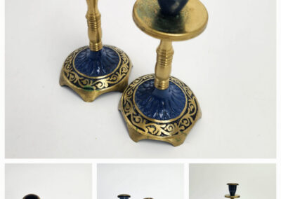 Pair of ornate blue and brass candlesticks