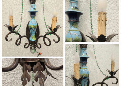 Vintage blue ceramic chandelier with green accents