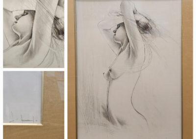 Framed pencil sketch of nude woman stretching