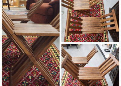 Pair of wooden folding slatted stools