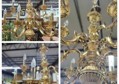 Ornate vintage brass chandelier with candle bulbs
