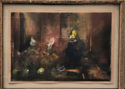 Framed abstract painting with dark textured tones