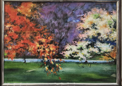 Painting of cyclist riding between colorful trees