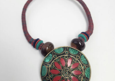 Round red and green floral pendant necklace