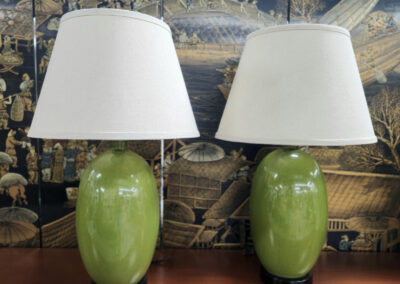 Pair of green ceramic table lamps with shades
