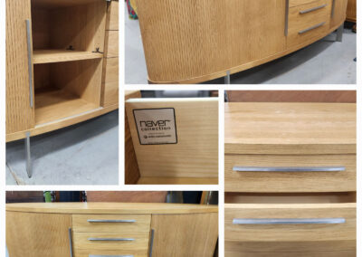 Curved mid-century wooden credenza with metal handles