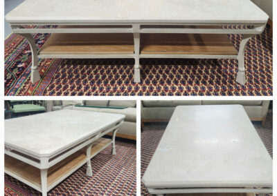 Rectangular white marble-top coffee table with shelf