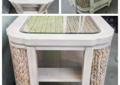 Whitewashed wicker side table with glass top