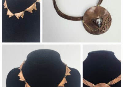 Copper geometric triangle and round pendant necklaces