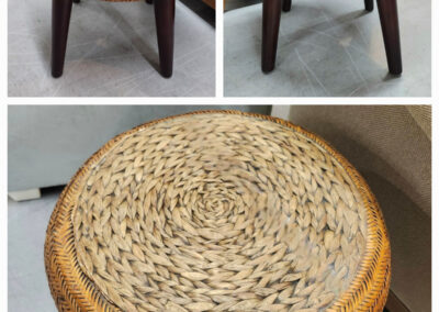 Round woven rattan stool with wooden legs