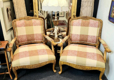 Pair of vintage plaid upholstered wooden armchairs