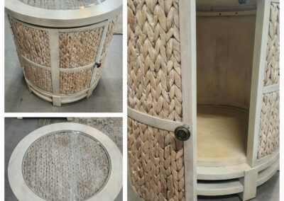 Round woven storage table with glass top