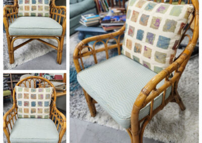 Rattan armchair with patchwork cushion
