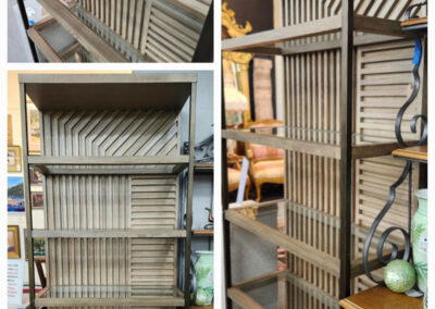 Tall wooden slatted bookcase with five shelves