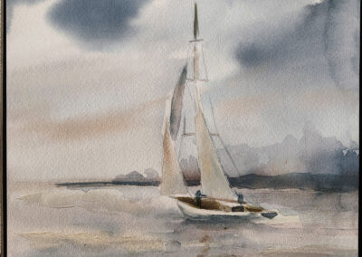 Watercolor sailboat on calm sea with clouds