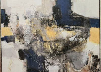 Abstract painting with blue, gold, and gray tones