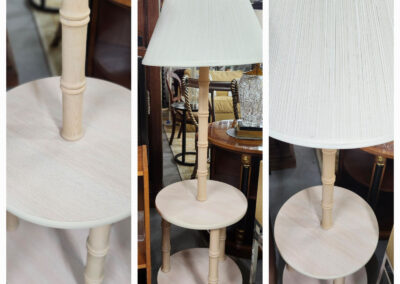 Wooden floor lamp with two round shelves
