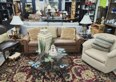 Cozy living room display with sofa and decor